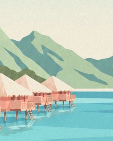 Les bungalows sur pilotis au pied des montagnes vertes, sur le lagon turquoise