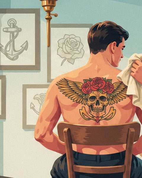 Le crâne aux ailes dorées et aux roses rouges tatoué dans le dos du client