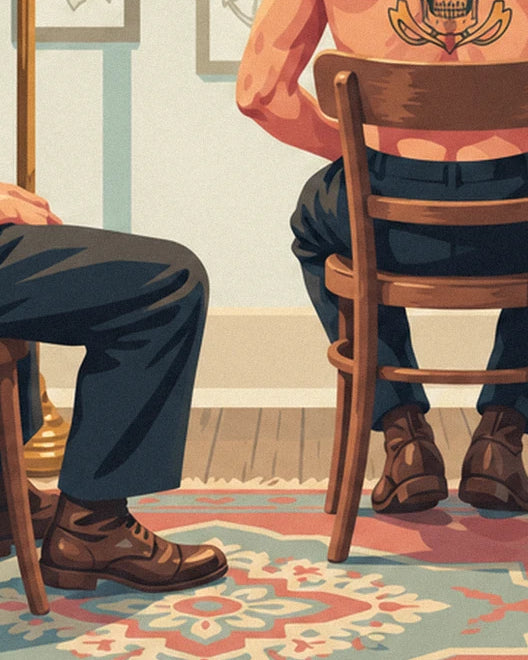 Les 2 clients assis sur des chaises en bois, bottes brunes et tapis fleuri rose et bleu