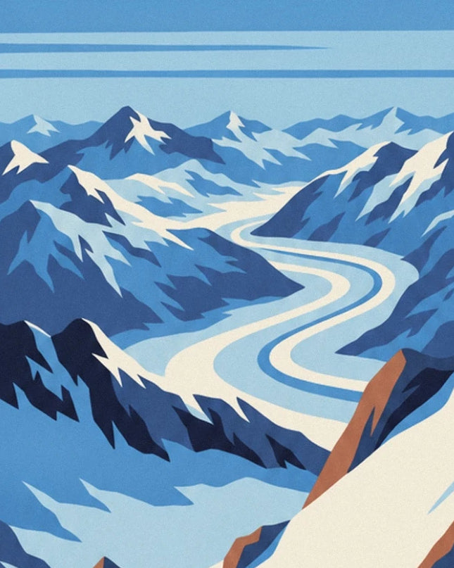 A winding glacier with blue and white curves between the snowy mountains