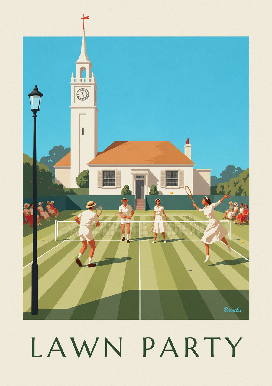Poster Tennismatch auf Rasen im Mixed-Doppel mit Clubhaus