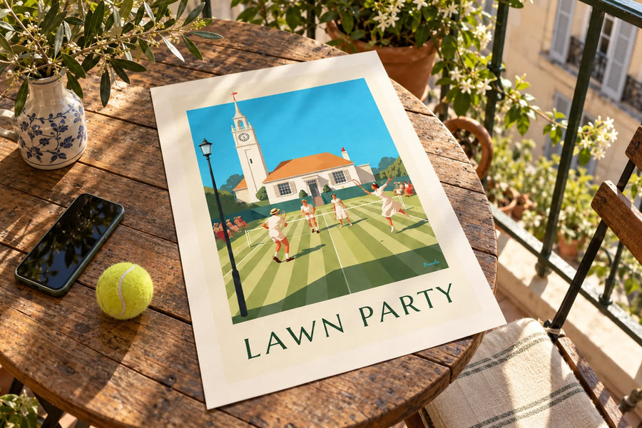 Affiche partie de tennis sur gazon en double mixte et club-house : posée sur une table