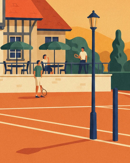 Players on the clay court and customers seated beneath green terrace parasols near the street lamp