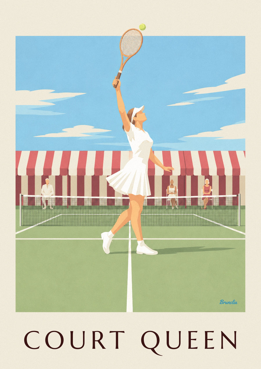 Poster Tennisspielerin im Faltenrock und mit Visor auf Rasen