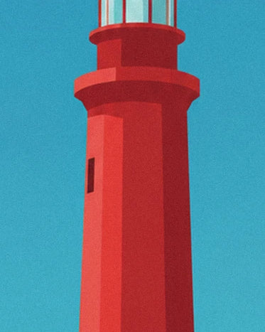 Le phare rouge aux faces ombrées et à la lanterne vitrée sur fond bleu