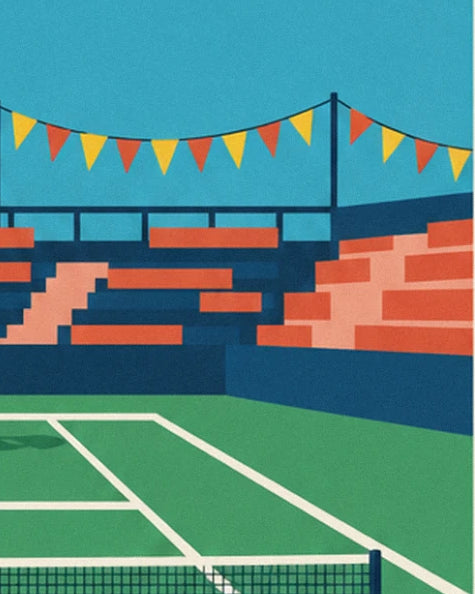The orange and navy stands, yellow and red bunting, and the baseline of the green court