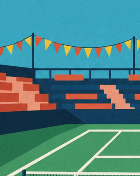 Yellow and orange pennants above the stands, with the white court lines below
