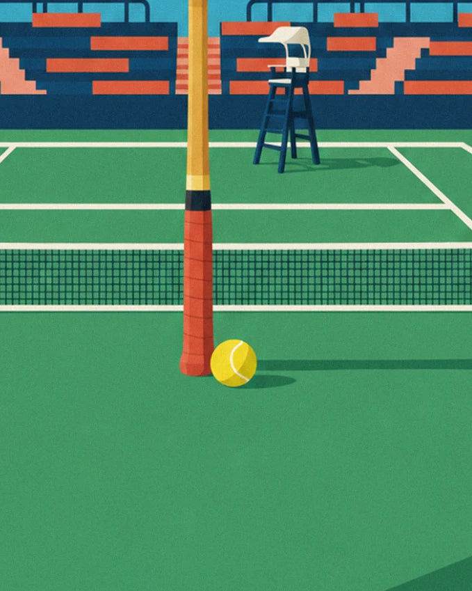 The racket handle and yellow ball resting on the green court, with the net and umpire's chair in the background