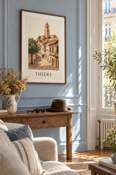 Affiche maisons à colombages du vieux Thiers en Auvergne : encadrée au mur