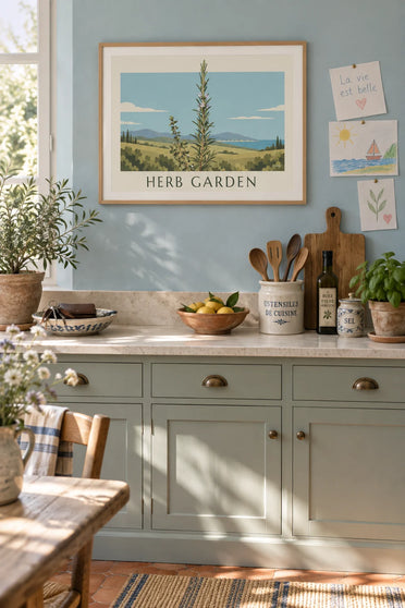Poster botanische Tafel mit blühendem Thymian und Rosmarin: gerahmt an der Wand
