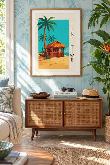 Poster tiki bar tropicale sulla spiaggia e palme: incorniciato alla parete