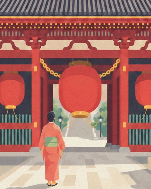 A woman in a coral kimono beneath the large red lantern of Senso-ji temple