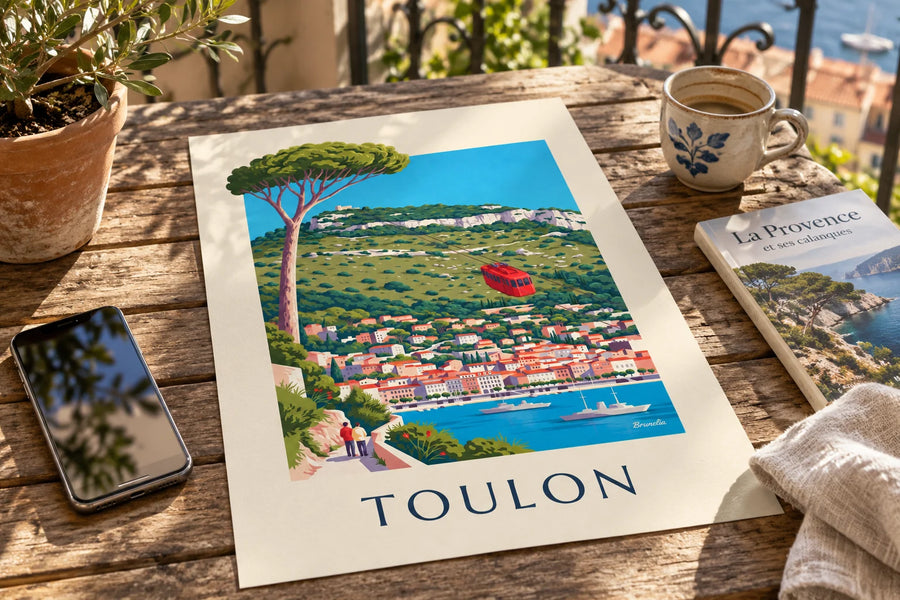 Poster Seilbahn auf den Mont Faron über Toulon: auf einem Tisch abgestellt