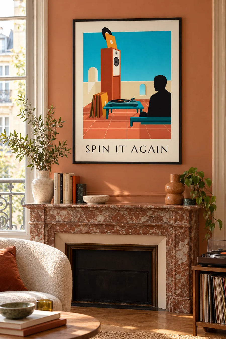 Poster giradischi e vinile in rotazione: incorniciato alla parete