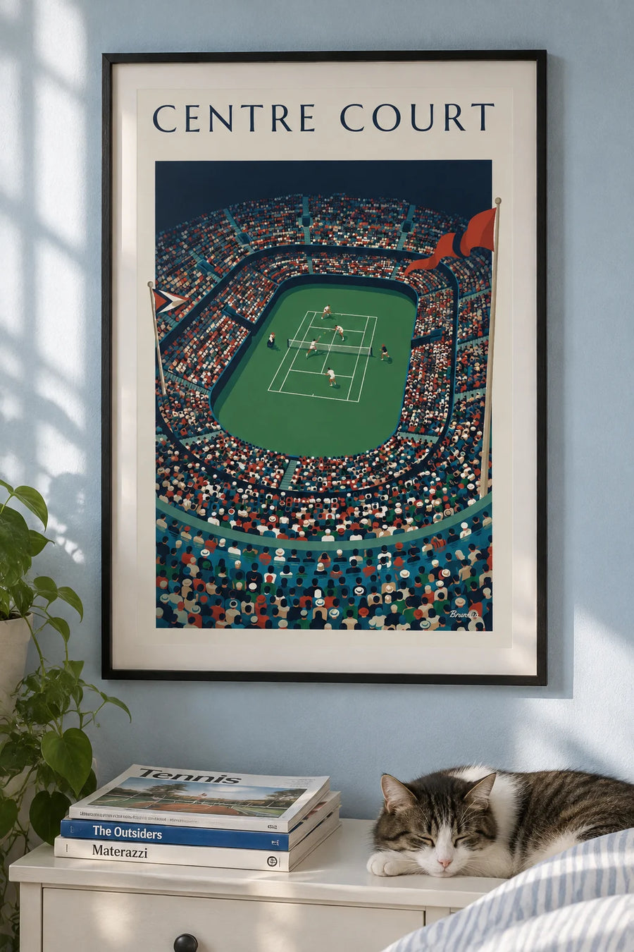 Poster of an international tennis tournament and packed stands: framed on the wall