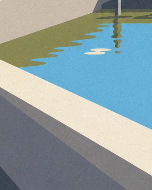 The curve of the cream parapet in front of the blue Loire and its green reflections