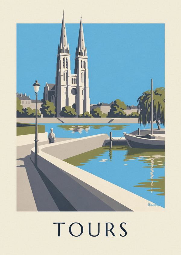 Tours cathedral and Loire riverbank poster