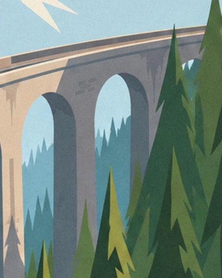 The tall arches of the mountain viaduct between the green fir trees