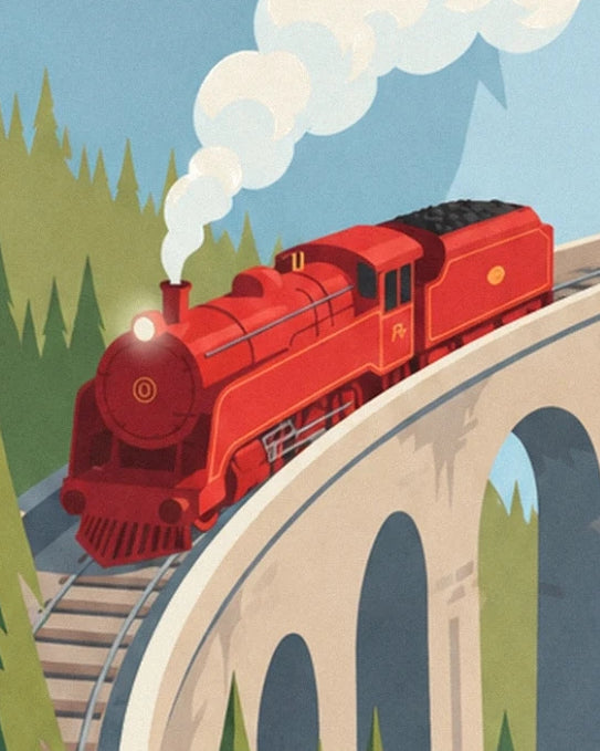 The red locomotive and its coal-filled tender on the stone viaduct