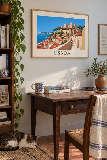 Poster del castello di San Giorgio e dei tetti dell'Alfama a Lisbona: incorniciato al muro