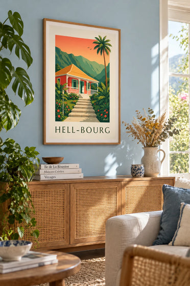 Poster casa creola con decorazioni a lambrecchini di Hell-Bourg, isola della Réunion: incorniciato al muro