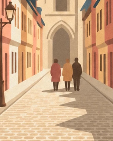 The 3 passers-by seen from behind in the cobbled street, facing the cathedral’s pointed doorway