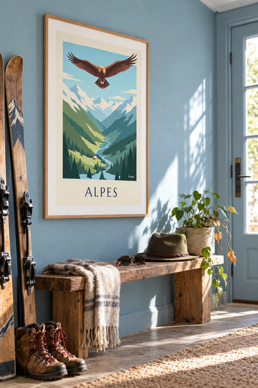 Poster aquila reale sopra una valle delle Alpi: incorniciato alla parete