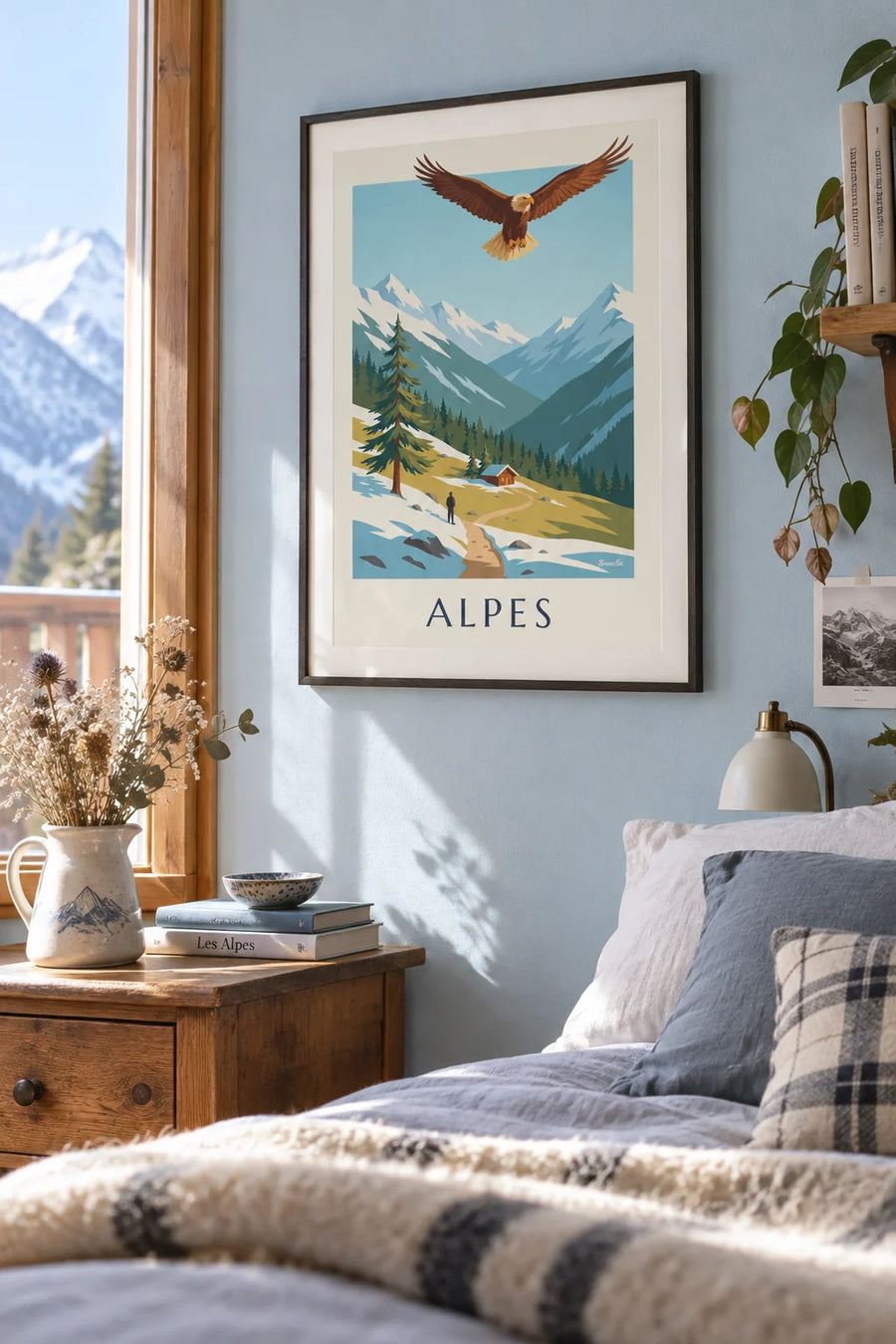 Affiche aigle royal au-dessus d'une vallée des Alpes : encadrée au mur