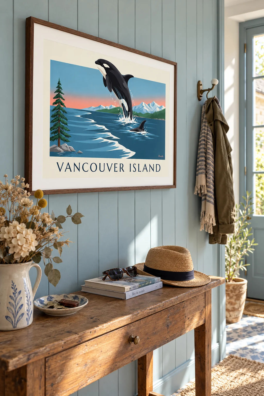 Poster of an orca and the mountains of Vancouver Island in Canada: framed on the wall