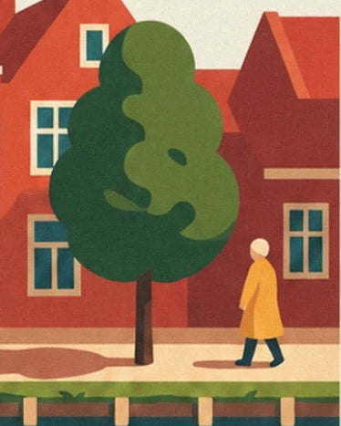 A figure in a yellow coat near a tree, in front of the red houses