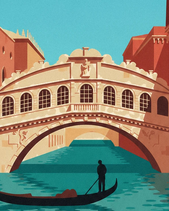 The pont des Soupirs with its arched windows and a gondola on the turquoise canal