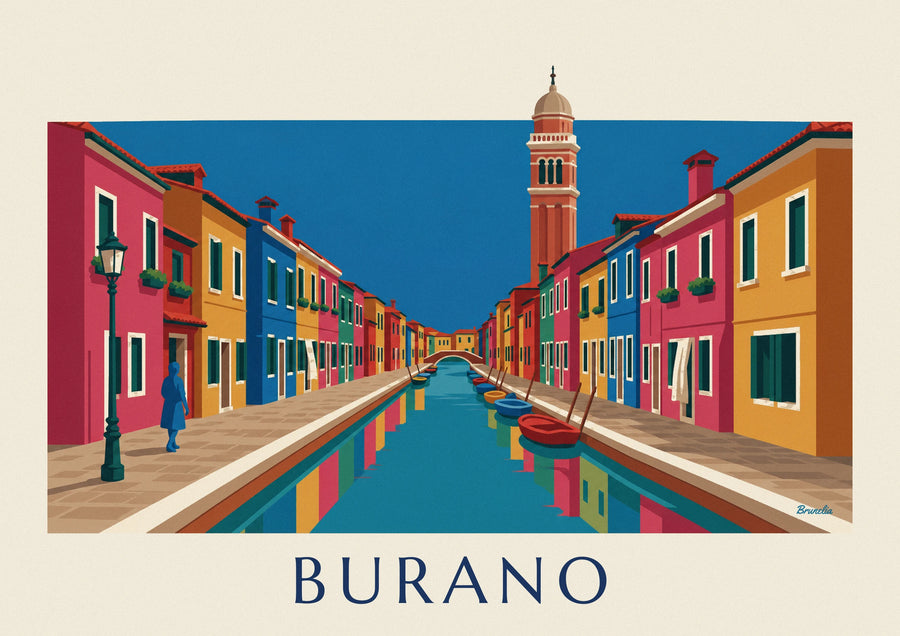 Affiche canal et maisons colorées de Burano, campanile penché