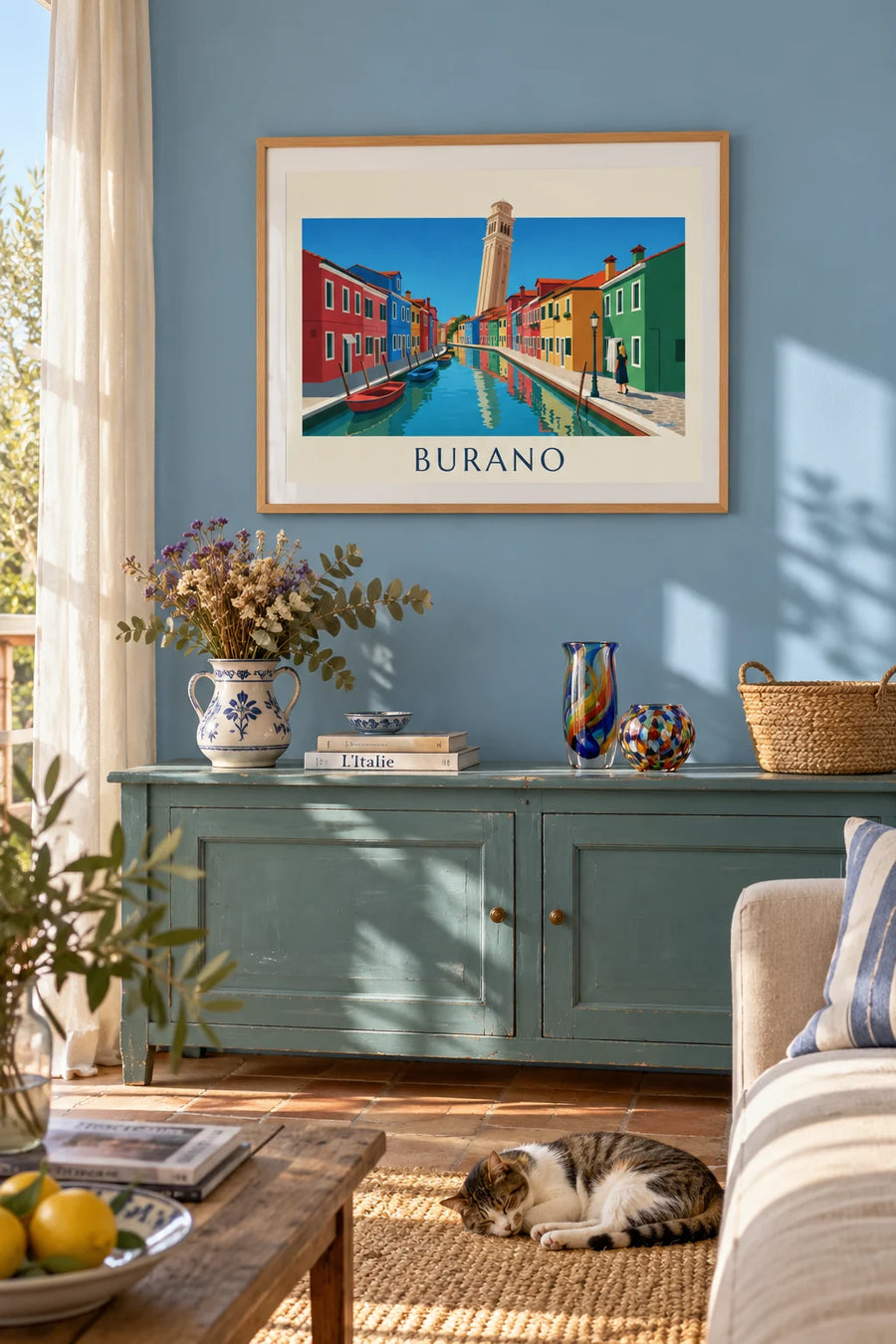 Affiche canal et maisons colorées de Burano, campanile penché : encadrée au mur