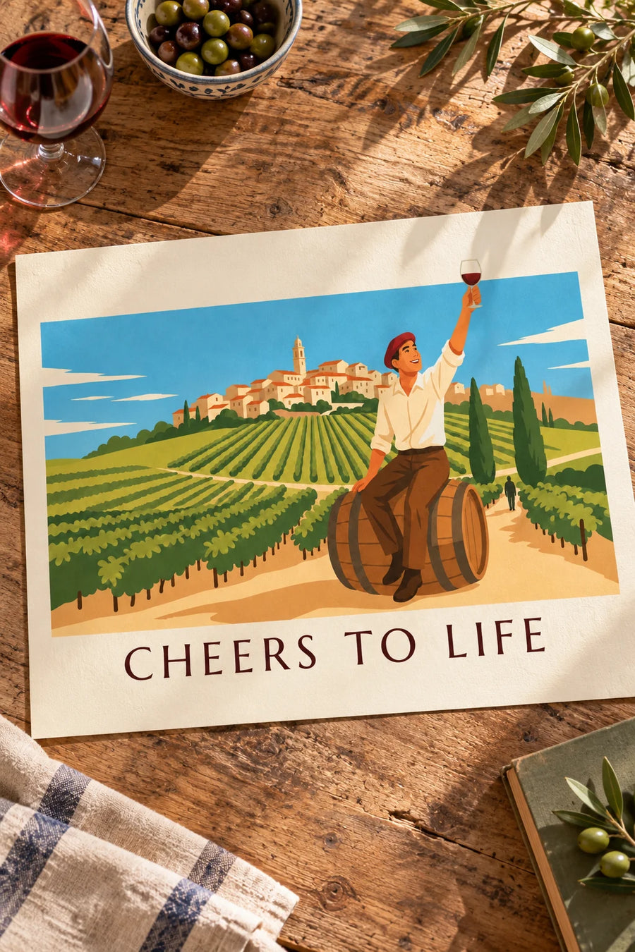 Poster of a man sitting on a wine barrel, glass raised: placed on a table