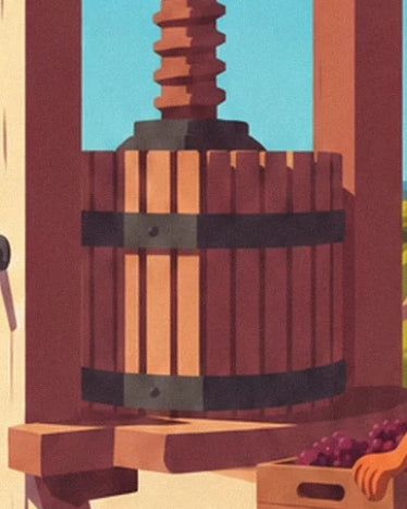 La cage du pressoir en lattes de bois, ses cerclages noirs et les raisins à côté
