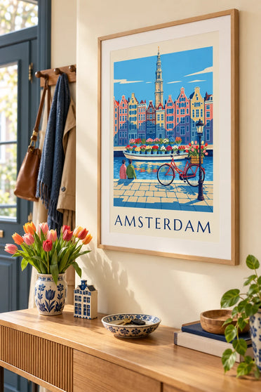Poster Fahrrad und Tulpen auf dem Amsterdamer Blumenmarkt : gerahmt an der Wand