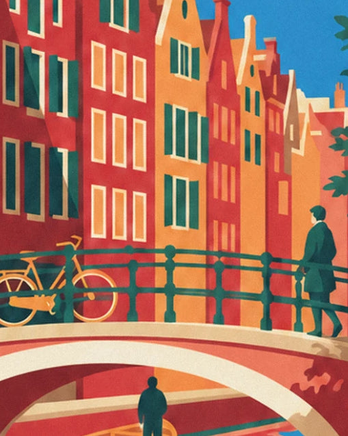 An ochre bicycle against the green bridge railing, a passer-by in a dark jacket and orange façades