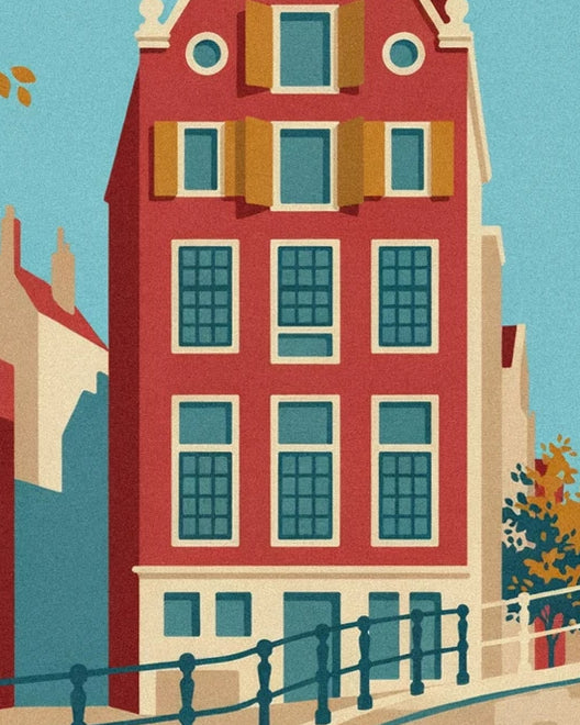 A tall red house with ochre shutters and a carved gable, behind the quayside railing