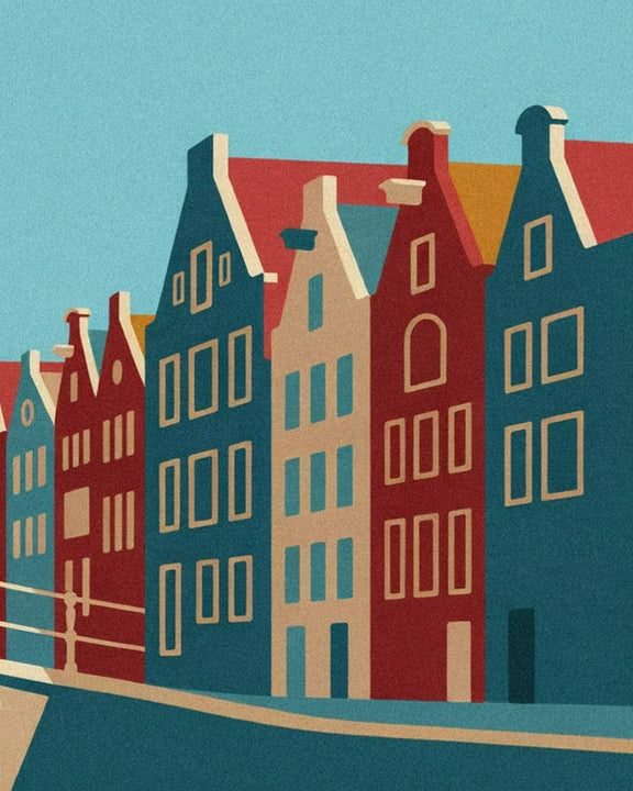 Petrol-blue, red and cream façades with stepped gables, lined up along the canal