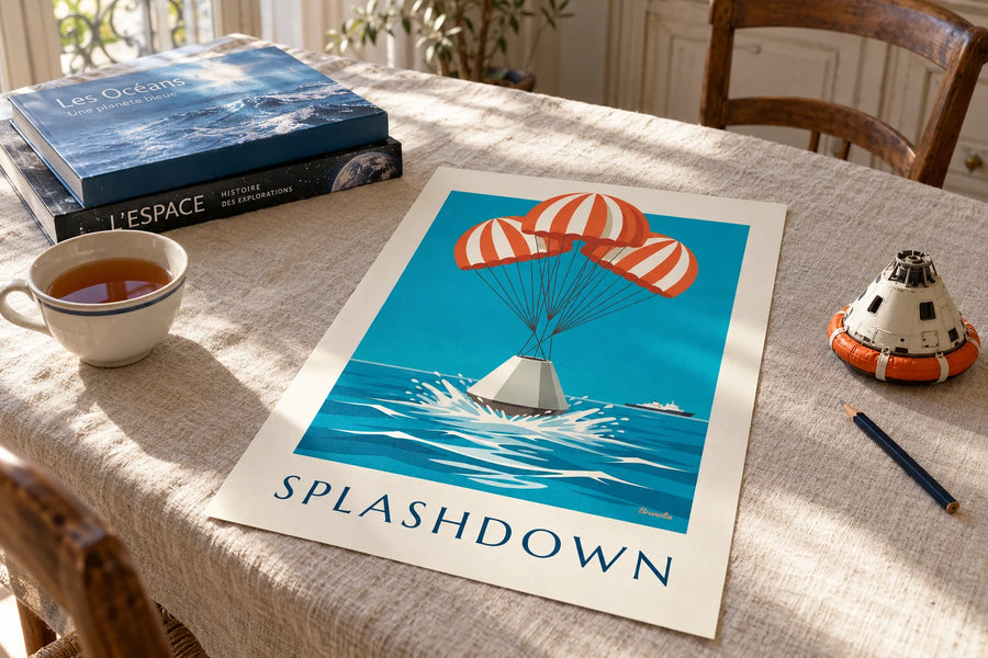 Poster Raumkapsel bei der Wasserlandung im Ozean: auf einem Tisch