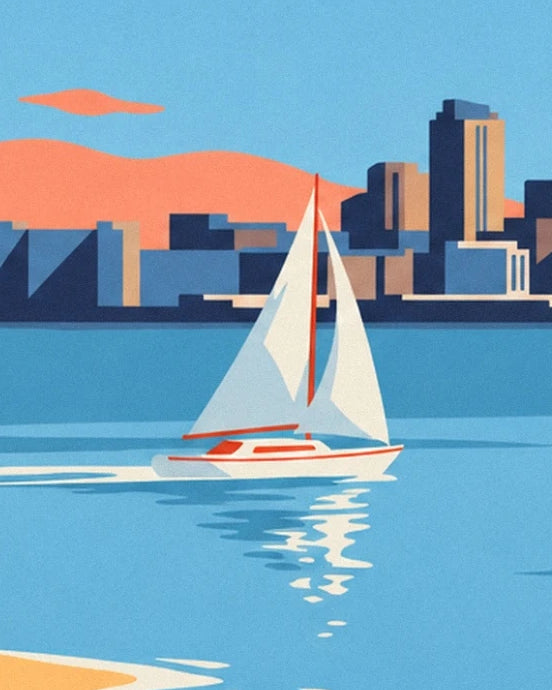 Le voilier aux voiles blanches et ses reflets dans le port bleu d’Auckland