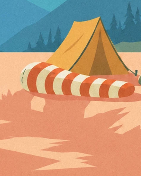 The red and cream striped sleeping bag in front of the yellow tent, at the foot of the mountains