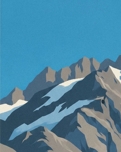 The mountain range's rocky ridges and pale blue glacier tongues, beneath a clear blue sky
