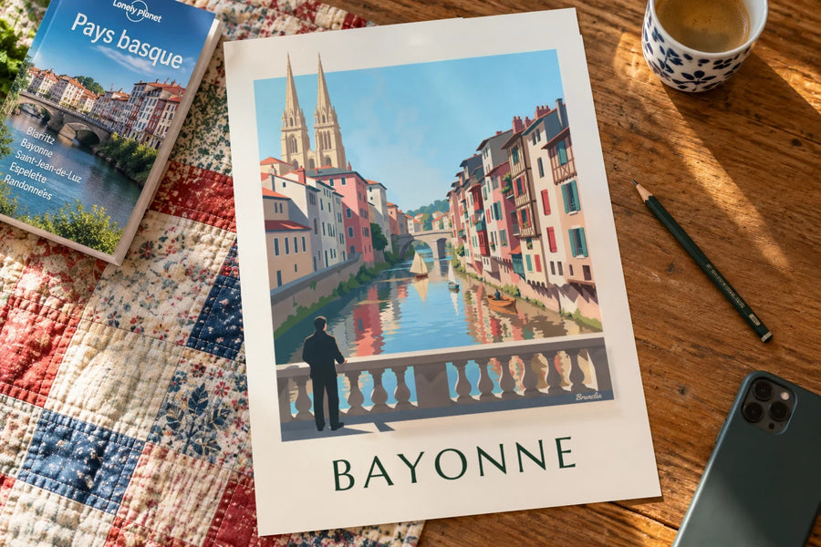 Affiche quais colorés du Petit Bayonne au bord de la Nive : posée sur une table