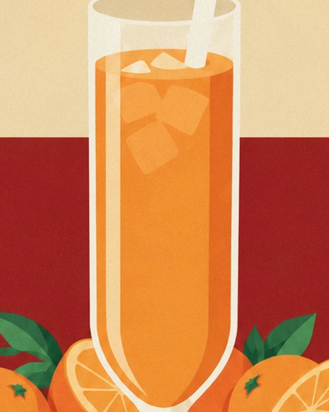 A tall glass of orange juice with ice cubes, surrounded by oranges and green leaves