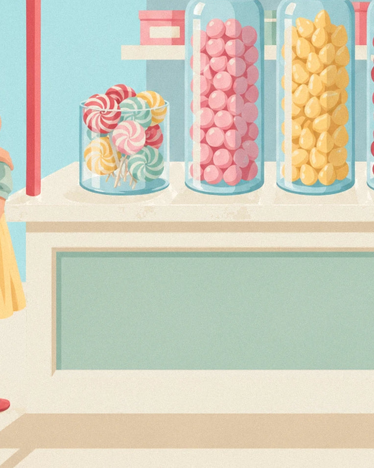 Poster lecca-lecca e barattoli di caramelle in un negozio di dolciumi: dettaglio in primo piano