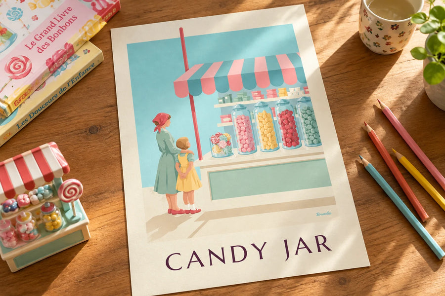 Poster lecca-lecca e barattoli di caramelle in una confetteria: appoggiato su un tavolo