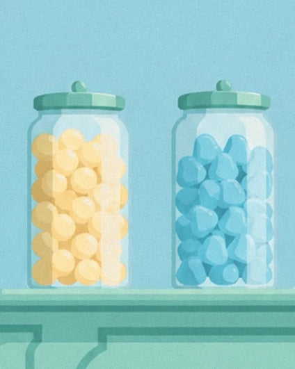 Les 2 bocaux à couvercles verts remplis de bonbons jaunes et bleus