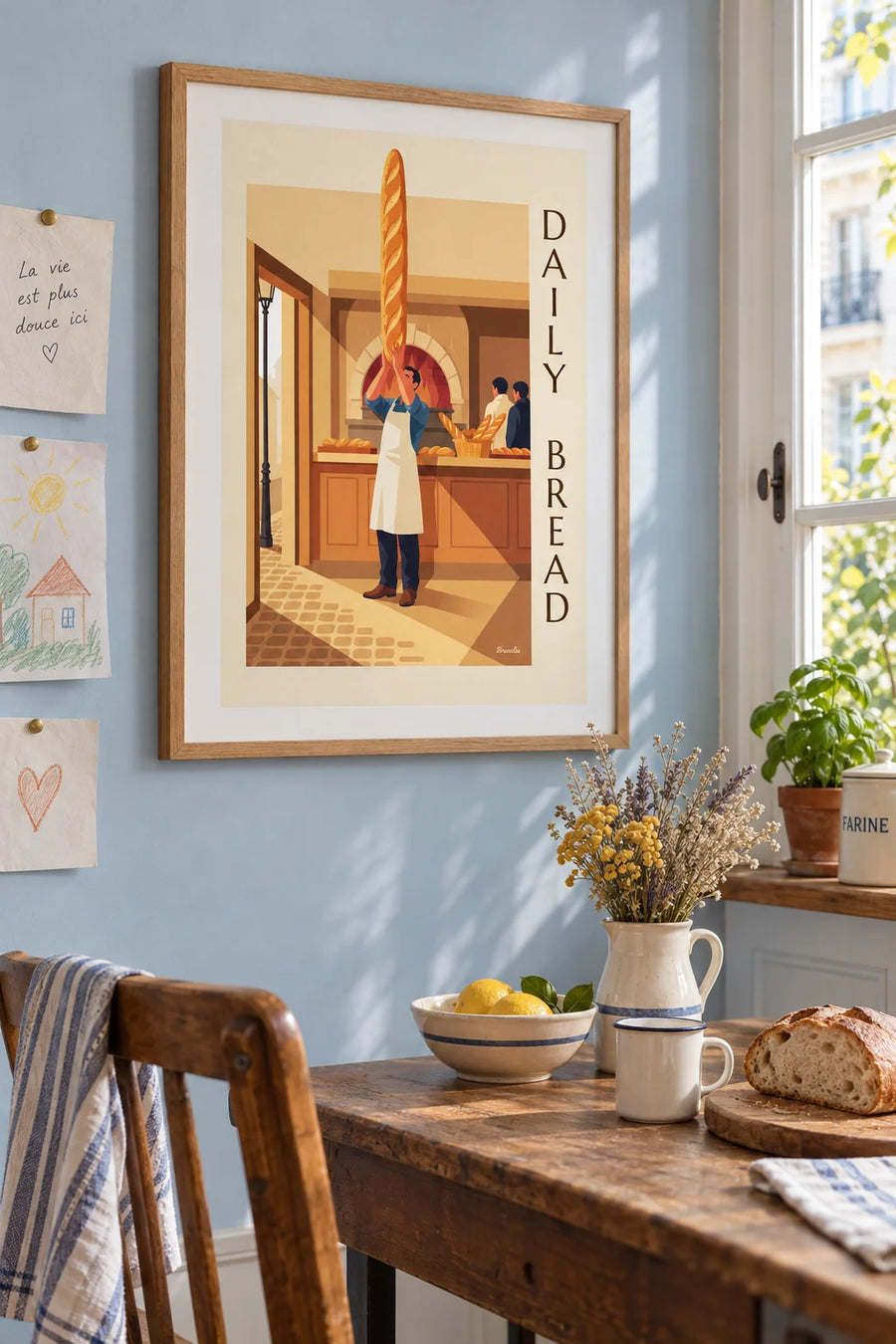 Affiche boulanger et ses pains dorés devant le four : encadrée au mur