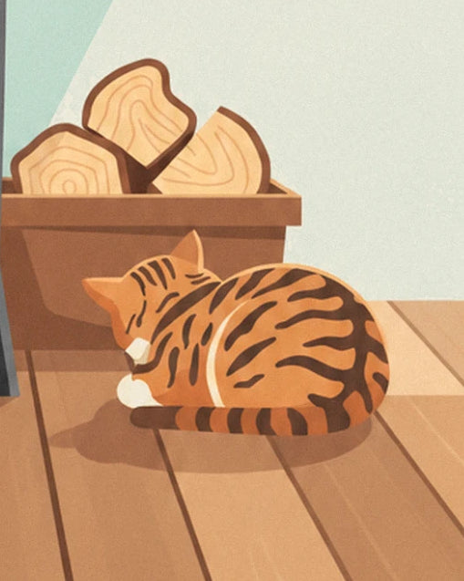 The ginger tabby cat curled up on the wooden floor, near the log basket